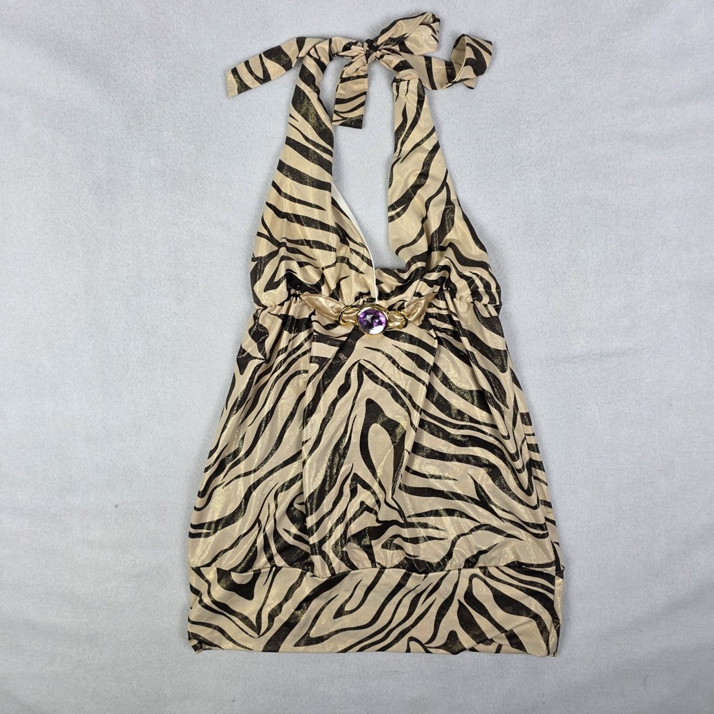 Vintage Y2k Charlotte Russe Halter Top Womens Medium Zebra Animal Print Shimmery